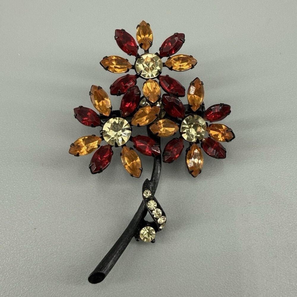 Vintage Rhinestone Daisy Spray Japanned Brooch Red Amber Floral Pin MCM